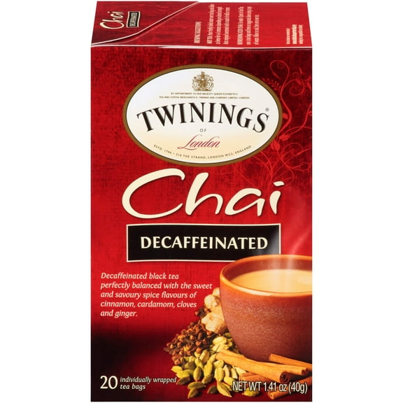 Twinings Decaffeinated Chai Individually Wrapped Black Tea Bags, 20 Count Pack of 6, Sweet, Savoury Spices