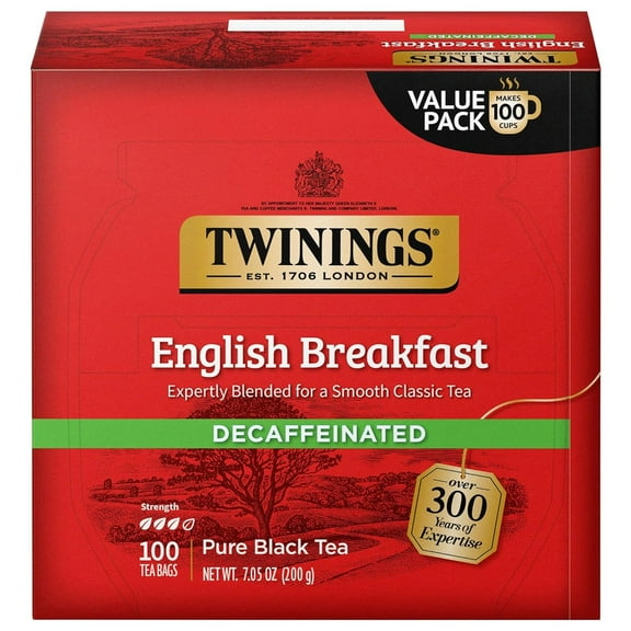 Twinings Decaffeinated English Breakfast Black Tea Individually Wrapped Bags, 100 Count (Pack of 1), Smooth, Flavourful Black Tea, Enjoy Hot or Iced, 100 Teabags