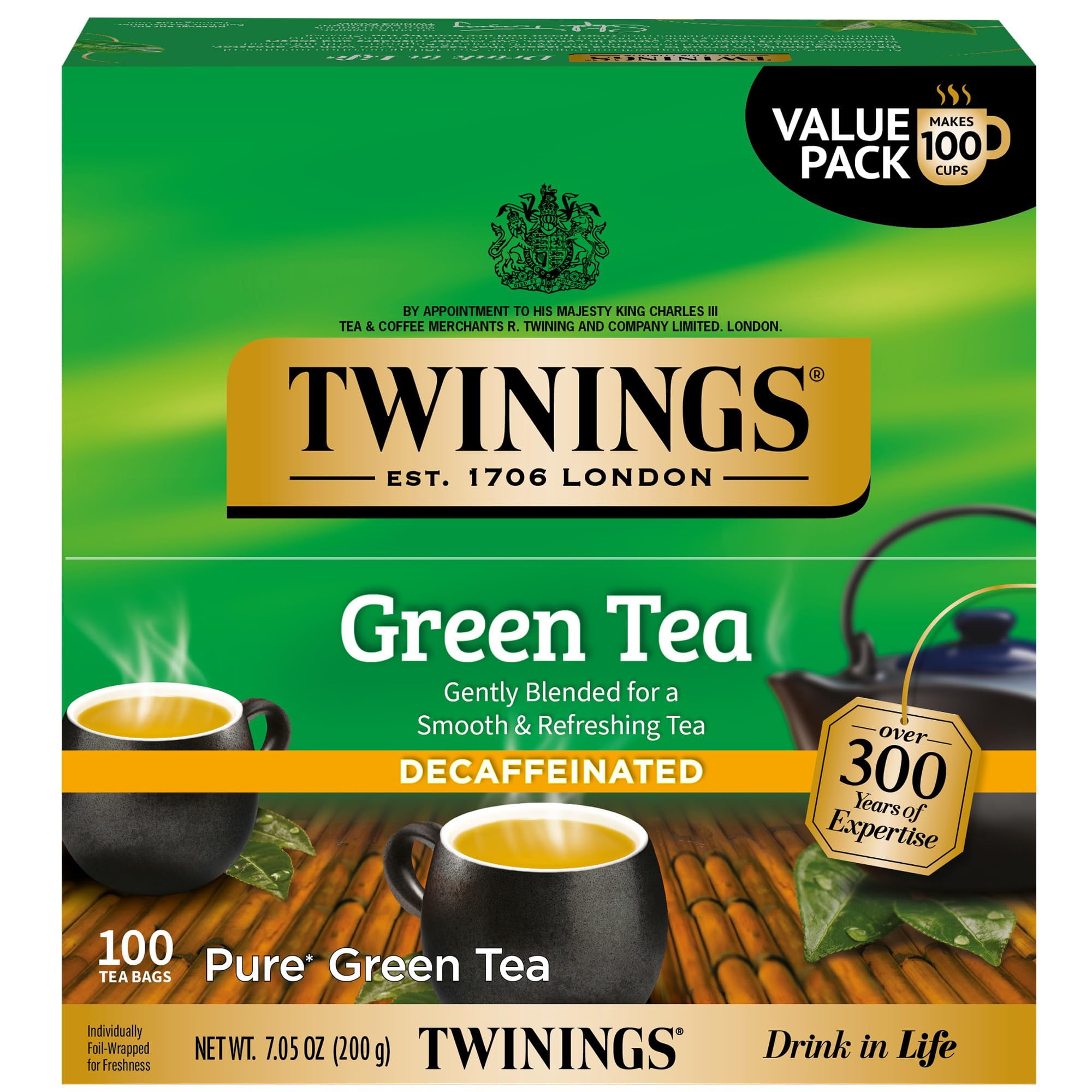 Twinings Decaffeinated Green Tea Individually Wrapped Bags, 100 Count (Pack of 1), Smooth Flavour, Enticing Aroma, Enjoy Hot or Iced, 100 Teabags