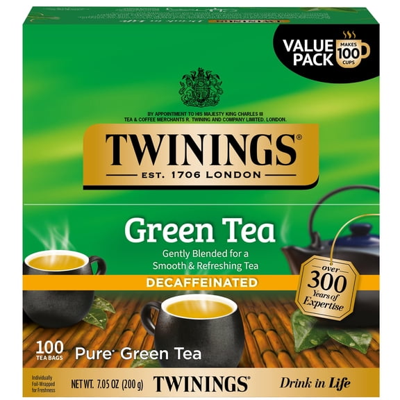 Twinings Decaffeinated Green Tea Individually Wrapped Bags, 100 Count (Pack of 1), Smooth Flavour, Enticing Aroma, Enjoy Hot or Iced, 100 Teabags