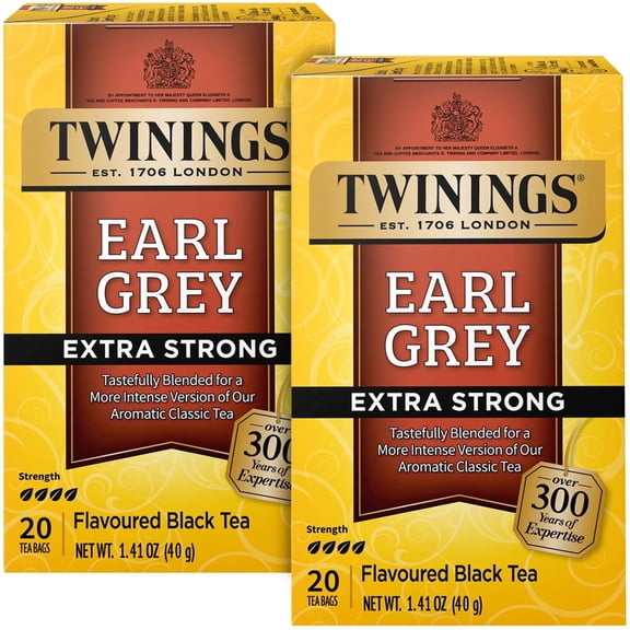 Twinings Earl Grey Tea Extra Strong 2-Pack A Bright and Zesty Black Tea Infused with Citrus Bergamot Flavours, Caffeinated Tea Bags, Individually Wrapped, 20 Count Ea