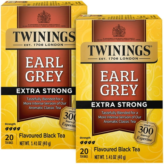 Twinings Earl Grey Tea Extra Strong 2-Pack A Bright and Zesty Black Tea Infused with Citrus Bergamot Flavours, Caffeinated Tea Bags, Individually Wrapped, 20 Count Ea