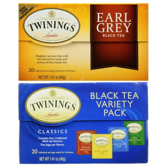 Twinings Earl Grey Tea Variety Pack Bundle With Black Tea Assortment (English Breakfast, Lady Grey, Irish Breakfast) 40 Count Total