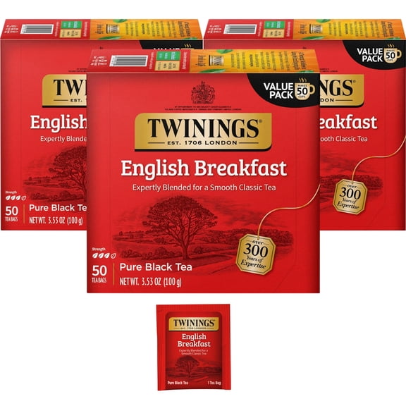 Twinings English Breakfast Black Tea Individually Wrapped Bags, 50 Count (Pack Of 3), Smooth, Flavourful, And Robust, Caffeinated, Enjoy Hot Or Iced
