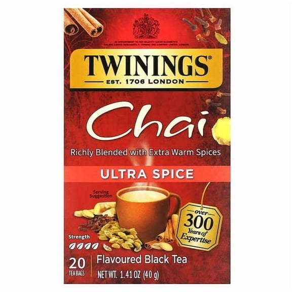 Twinings, Flavored Black Tea, Chai, Ultra Spice , 20 Tea Bags, 1.41 oz (40 g) Pack of 4