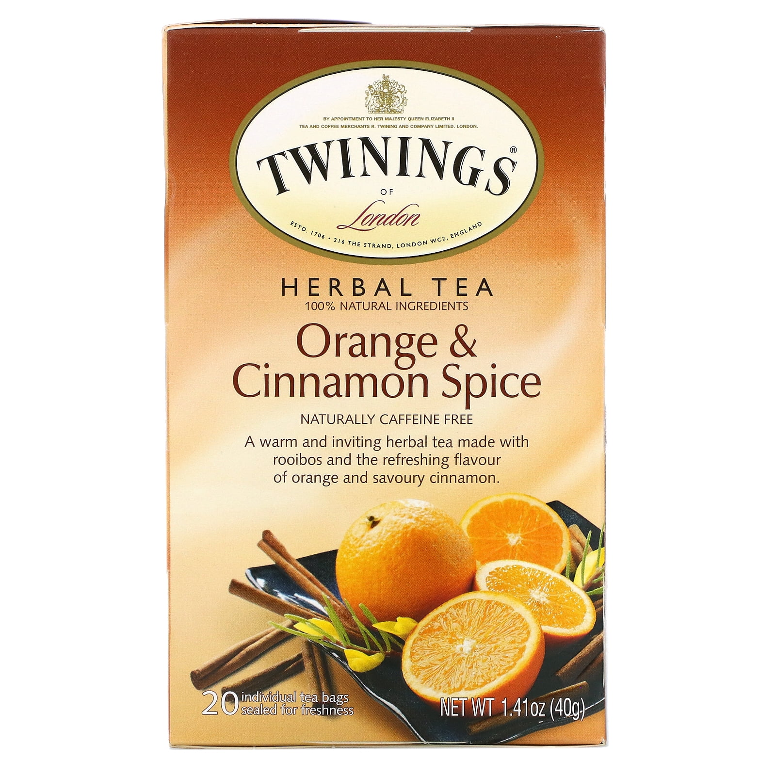 Twinings, Herbal Tea, Orange Cinnamon Spice, Caffeine Free, 20 Tea Bags, 1.41 oz (40 g