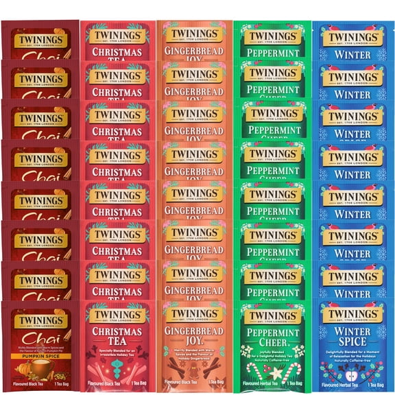 Twinings Holiday Christmas Tea Bag Variety Sampler Box, 5 Seasonal Flavors, 8 Each (40 Count), Individually Wrapped Bags, A Gift to Celebrate the Season
