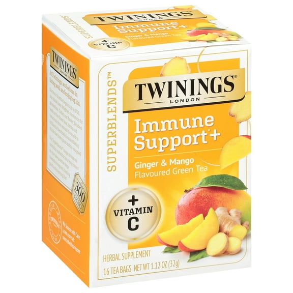 Twinings, Immune Support+ Green Tea, Ginger & Mango, 16 Tea Bags, 1.12 oz (32 g)