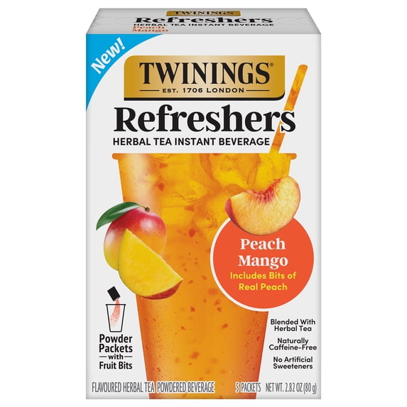 Twinings Refreshers Peach Mango Herbal Tea Drink Mix, Naturally Caffeine Free, 5 Packets