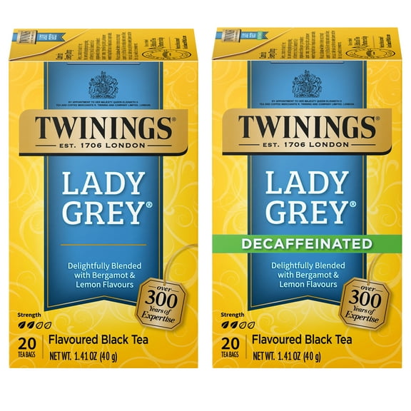 Twinings Lady Grey and Decaf Lady Grey Black Tea, 2- 20 Count Packs, 40 Tea Bags, Light & Citrusy, Individually Wrapped Bags, Enjoy Hot or Iced