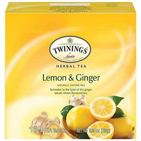 Twinings Lemon & Ginger Herbal Tea, 100 Individually Wrapped Tea Bags, Tangy Lemon, Spicy Ginger, Naturally Caffeine Free