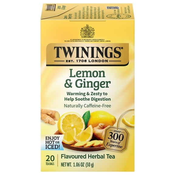 Twinings Lemon & Ginger Herbal Tea Bags, Caffeine Free, 20 Count Box-Pack Of 4