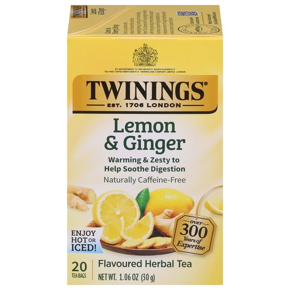 Twinings Lemon & Ginger Herbal Tea Bags, Caffeine Free, 20 Count Box
