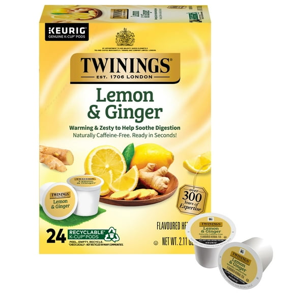Twinings Lemon & Ginger Herbal Tea K-Cup Pods for Keurig, 24 Count (Pack of 1), Naturally Caffeine-Free, Enjoy Hot or Iced |