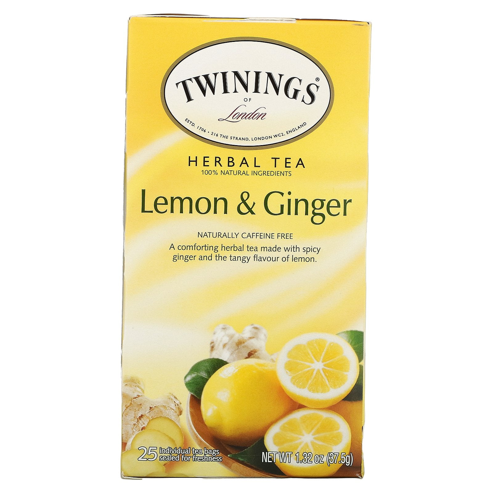 Twinings Lemon & Ginger Herbal Tea - Lemon Ginger - Decaffeinated - Tea Bag - Herbal Tea - Lemon Ginger - 1.3 oz - 25 / Box | Bundle of 5
