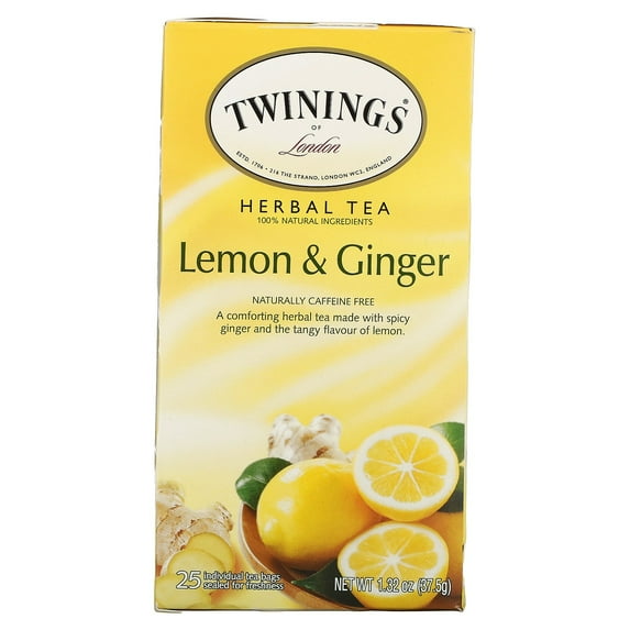 Twinings Lemon & Ginger Herbal Tea - Lemon Ginger - Decaffeinated - Tea Bag - Herbal Tea - Lemon Ginger - 1.3 oz - 25 / Box | Bundle of 5