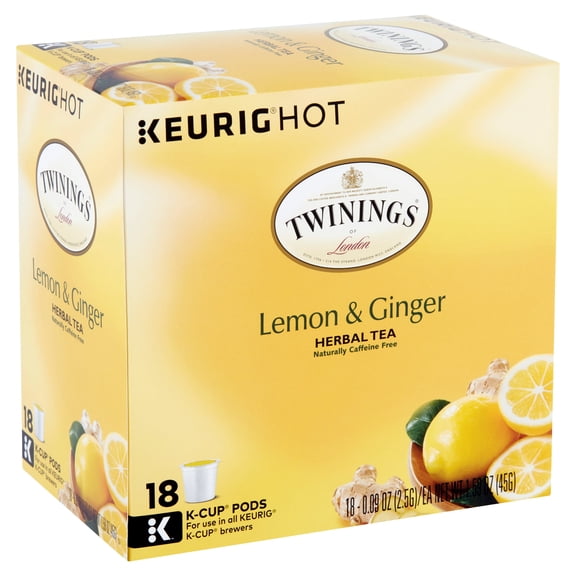 Twinings Lemon & Ginger K-Cup Pods for Keurig, Caffeine Free Herbal Tea, 18 Count
