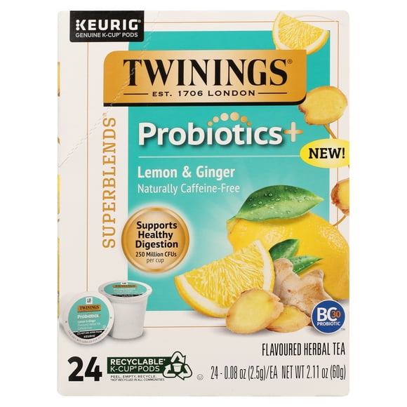 Twinings Lemon & Ginger + Probiotics K-Cup Pods for Keurig, Caffeine Free Herbal Tea, 24 Count