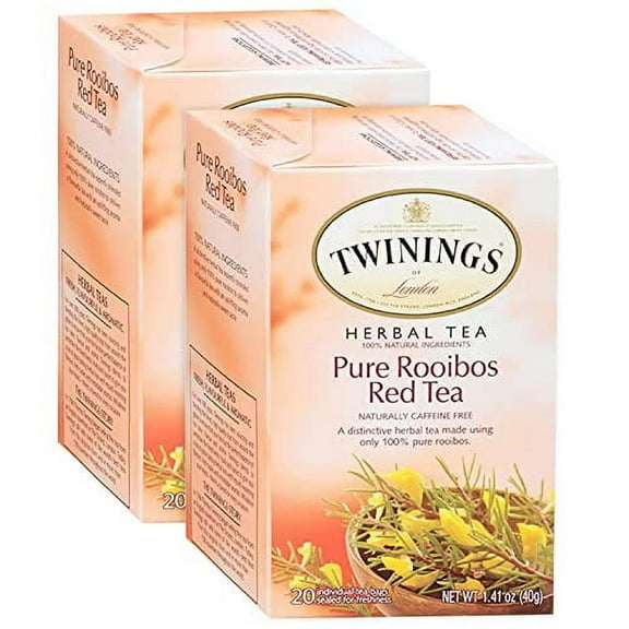 Twinings Of London Pure Rooibos Herbal Red Tea, Nutty Taste, Naturally Sweet Flavor, Crimson Tea Color, Hand-Selected Tea Leaves, Individually Wrapped Tea Bags (Pack Of 2 - 40 Tea Bags Total)
