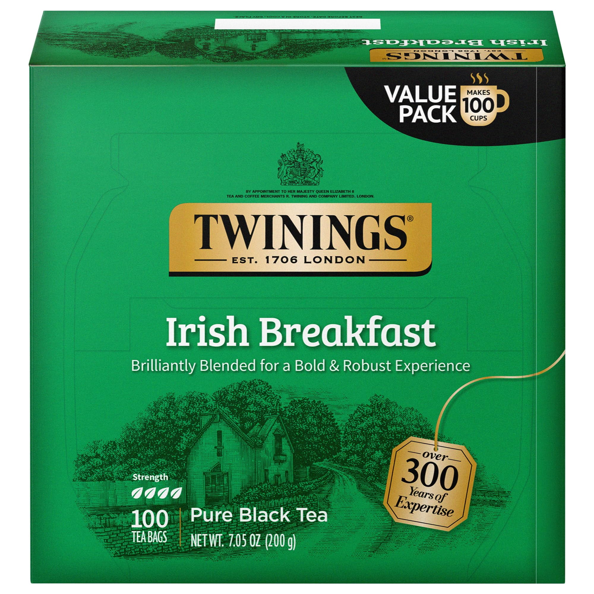 Twinings Irish Breakfast Black Tea, 100 Individually Wrapped Tea Bags, Flavourful, Bold, Robust Caffeinated Black Tea