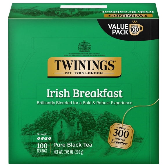 Twinings Irish Breakfast Black Tea, 100 Individually Wrapped Tea Bags, Flavourful, Bold, Robust Caffeinated Black Tea