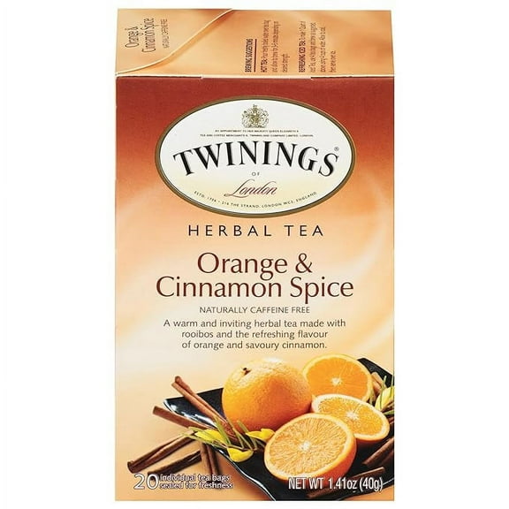 Twinings Orange & Cinnamon Spice Tea, Naturally Caffeine-Free Sweet and Spicy Tea with Rooibos, Orange, and Cinnamon, Herbal Tea Bags Individually Wrapped, 20 Count