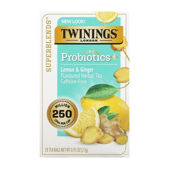 Twinings, Probiotics Flavoured Herbal Tea, Lemon & Ginger, Caffeine-Free, 18 Tea Bags, 0.95 oz