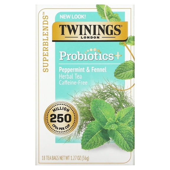 Twinings, Probiotics Herbal Tea, Peppermint & Fennel, Caffeine-Free, 18 Tea Bags, 1.27 oz Pack of 2