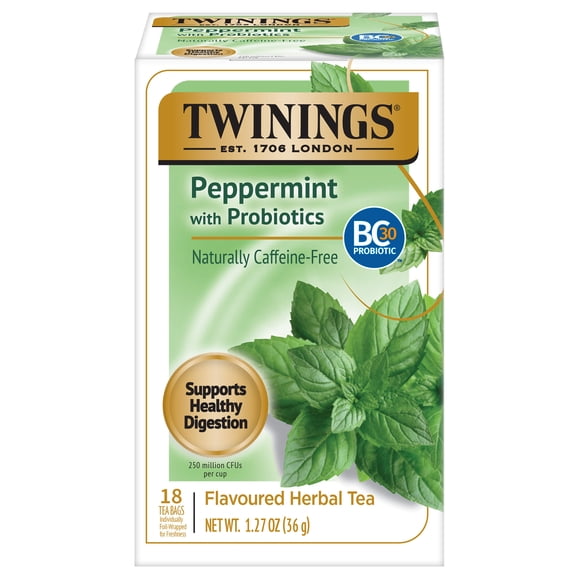 Twinings Peppermint with Probiotics Herbal Tea, 18 Tea Bags (Pack of 1), Naturally Caffeine-Free