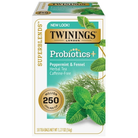 Twinings Probiotics+ Peppermint & Fennel Herbal Tea Bags, Caffeine Free, 18 Count Box