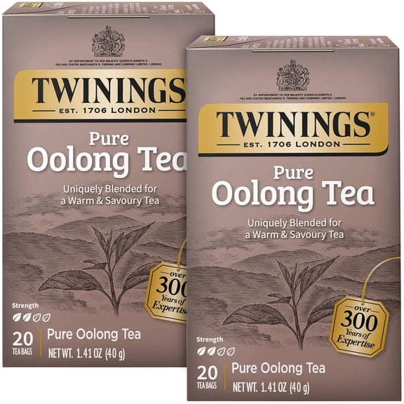 Twinings Pure Oolong Tea 2-Pack Golden Caffeinated Tea, Individually Wrapped Tea Bags, 20 Count Each