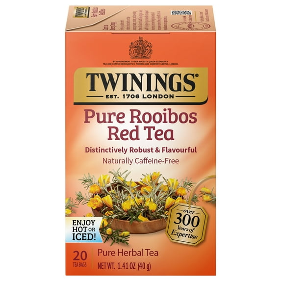 Twinings Pure Rooibos Red Herbal Tea Bags, Caffeine Free, 20 Count Box