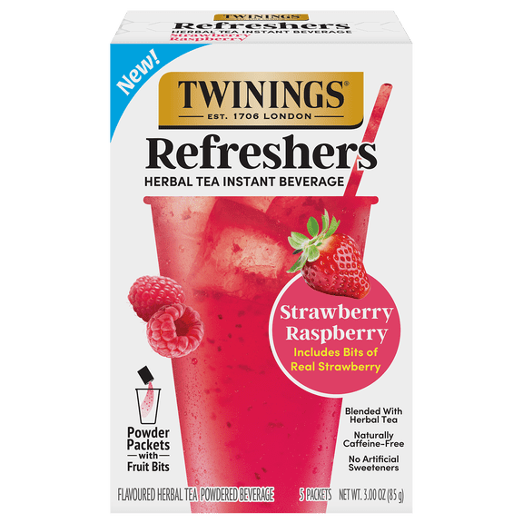 Twinings Refreshers Strawberry Raspberry Herbal Tea Drink Mix, Naturally Caffeine Free, 5 Packets