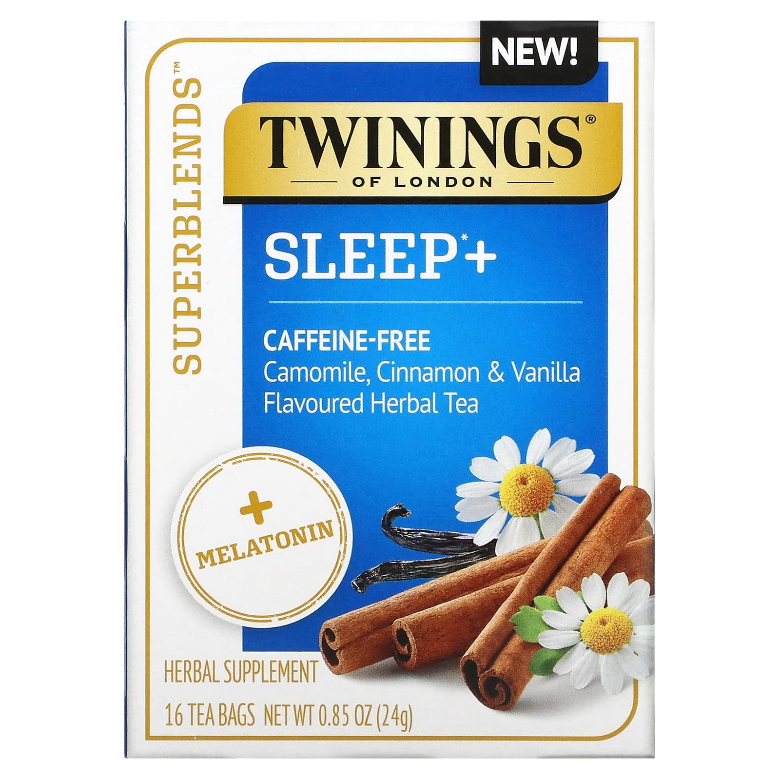 Twinings, Sleep+ with Melatonin Herbal Tea, Camomile, Cinnamon & Vanilla, Caffeine Free, 16 Tea Bags, 0.85 oz (24 g) Pack of 2