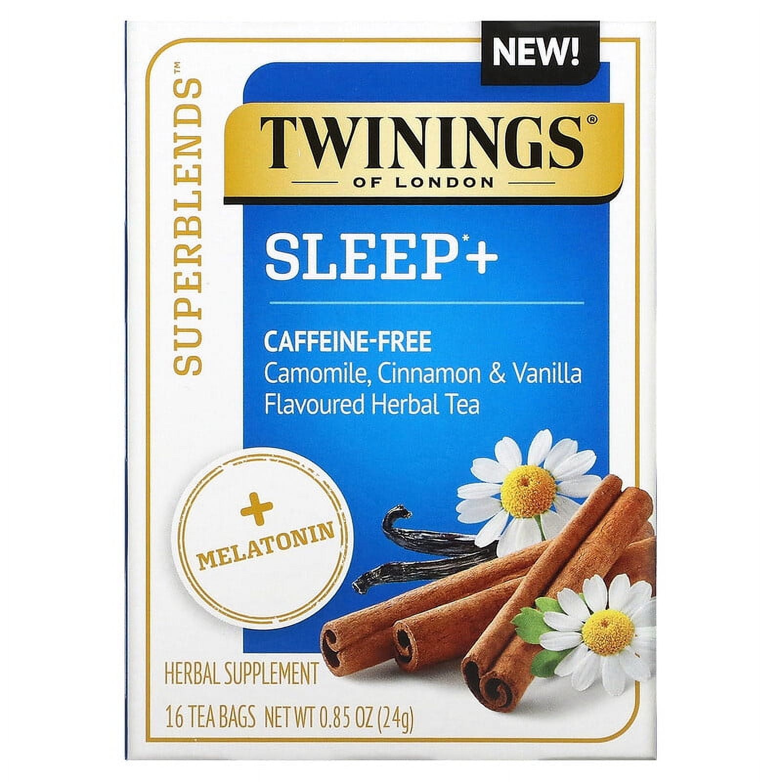 サプリメント Twinings, Sleep+ Herbal Tea with Melatonin, Camomile, Cinnamon
