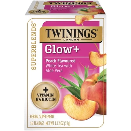Twinings Superblends Glow+ Vitamin B7/Biotin Peach Flavoured White Tea, 16 Tea Bags (Pack Of 6)