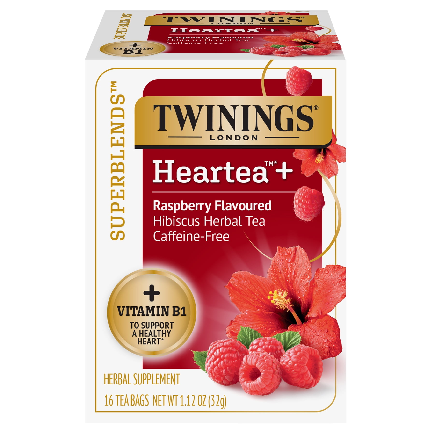 Ikke kompliceret gås fravær Twinings Superblends Heartea+ Raspberry Flavoured Hibiscus Herbal Caffeine  Free Tea, Vitamin B1 to Support a Healthy Heart, 16 Tea Bags - Walmart.com