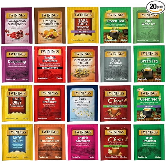 Twinings Tea Bag Sampler, Assortment Variety Pack (20 Count), 20 Unique Flavors for Tea Lovers: Women, Men, Couples, Family, Friends, Coworkers