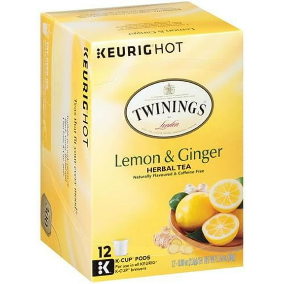 Twinings Tea K-Cups, Lemon & Ginger Tea - Wellness Tea, Naturally Caffeine-Free Herbal Tea K-Cups For Keurig, 12 Count - Pack of 2