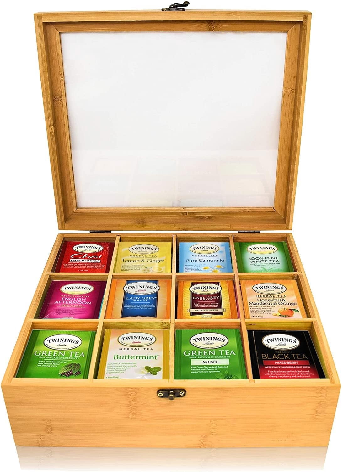 Twinings Tea Sampler Collection – 120 Tea Bags, 40 Flavors/Assorted Tea, Gift Set in Decorative Bamboo – Tea Organizer Included – Ideal for Home, Office, Family & Friends (Bamboo Box)