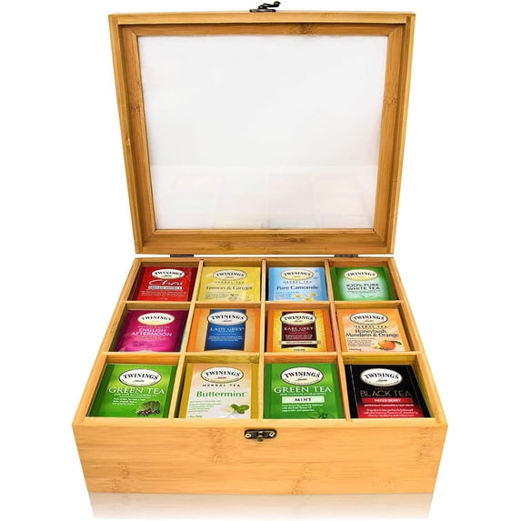 Twinings Tea Sampler Collection – 120 Tea Bags, 40 Flavors/Assorted Tea, Gift Set in Decorative Bamboo – Tea Organizer Included – Ideal for Home, Office, Family & Friends (Bamboo Box)