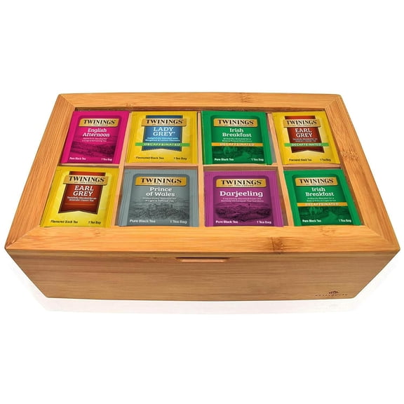 Twinings Tea Sampler Collection  80 Tea Bags, 20 Flavors/Assorted Tea, Gift Set in Decorative Bamboo or MDF Box  Tea Organizer Included  Ideal for Home, Office, Family & Friends (Bamboo Box)