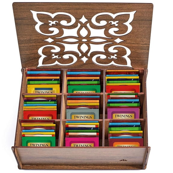 Twinings Tea Sampler Collection 80 Tea Bags, 22 Flavors/Assorted Tea, Gift Set in Decorative Bamboo or MDF Box Tea Organizer Included Ideal for Home, Office, Family & Friends (Walnut MDF Box)