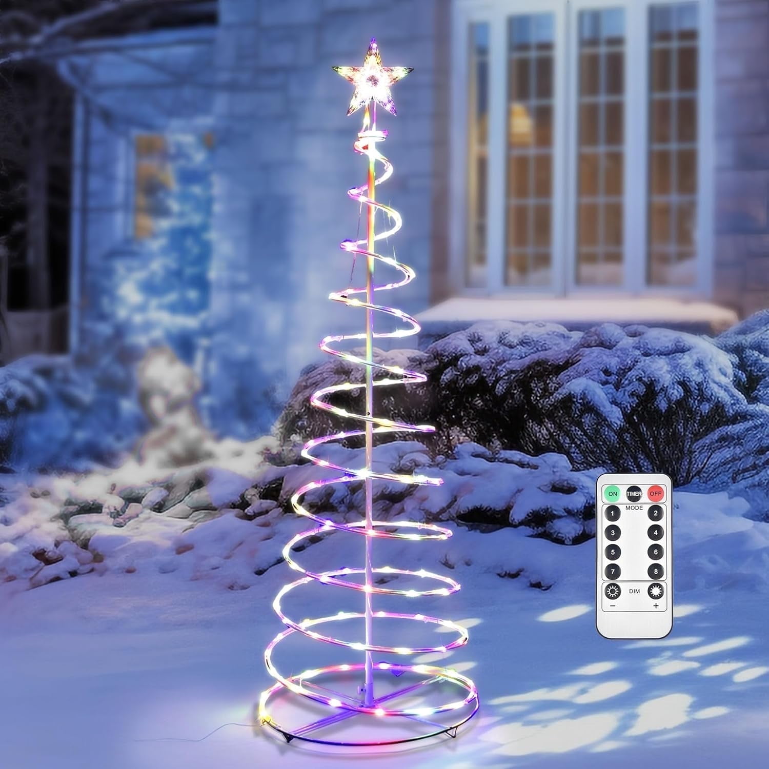 Twinkle Spiral Christmas Tree Light 5Ft LED 8 Modes Water Resistant Multi-Color with Star Topper and Metal Stakes