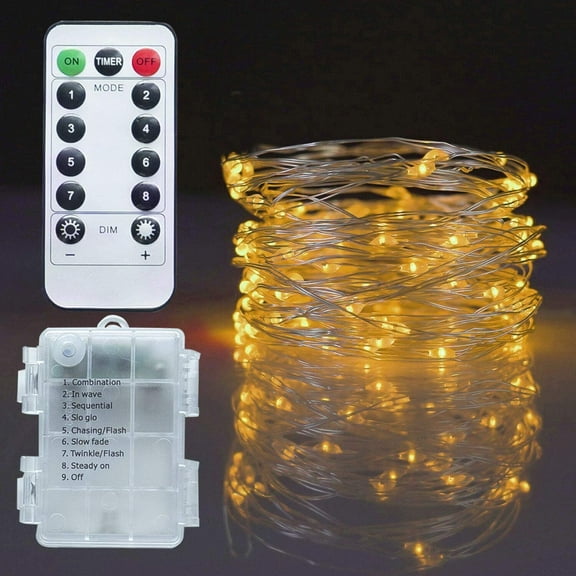 Twinkle Christmas Lights Battery Operated, 33ft 100 LED Silver Wire Fairy String Light, Remote Control 8 Modes Indoor Outdoor Xmas Tree Wedding Party Decorations