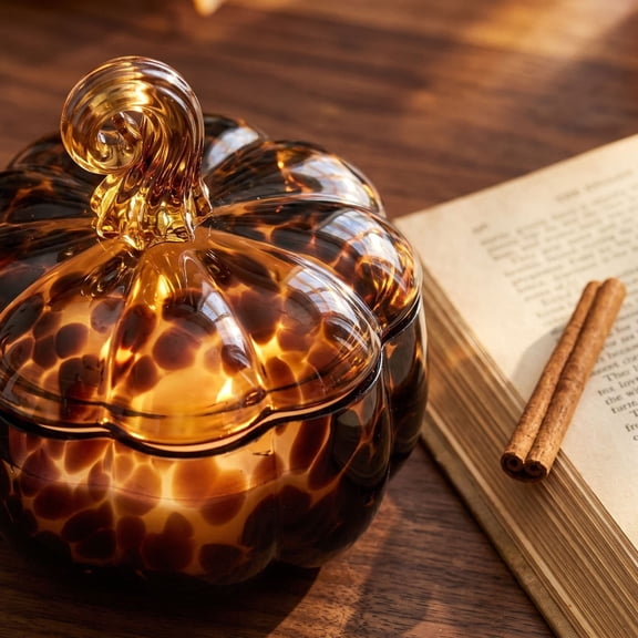 Twinkle Glass Pumpkin Decor, 9.5" D Amber Dots Glass Pumpkin for Fall Harvest, Thanksgiving, Halloween Table Centerpiece, Unique Handmade Art Pumpkins Figurines Collectible Home Decor