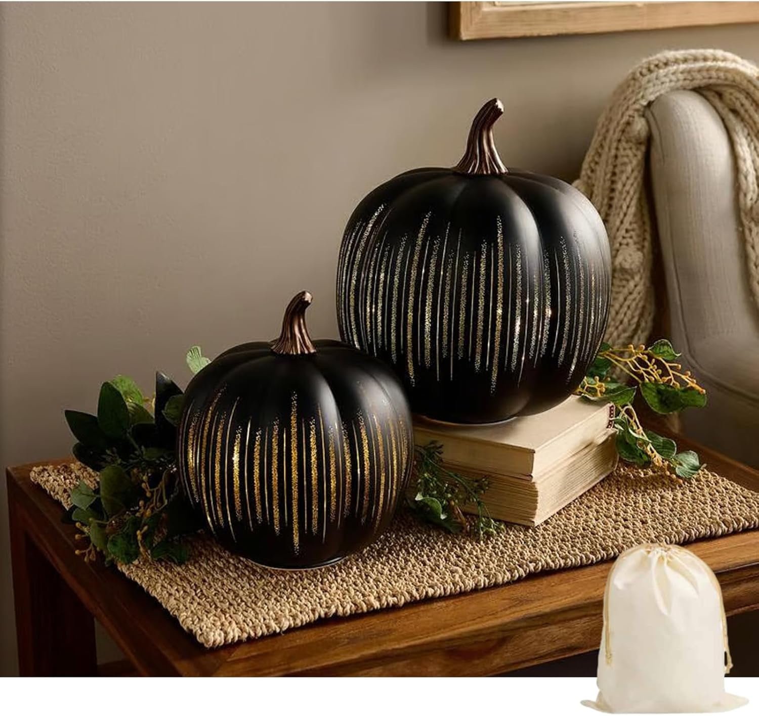 Twinkle Light Pumpkins, Set of 2 Illuminated Starry Night Glass Pumpkins, Halloween Twinkle Light Pumpkins, Twinkle Led Pumpkin Lights with Starry Night Design for Home Bedroom (Black-7''+9'')