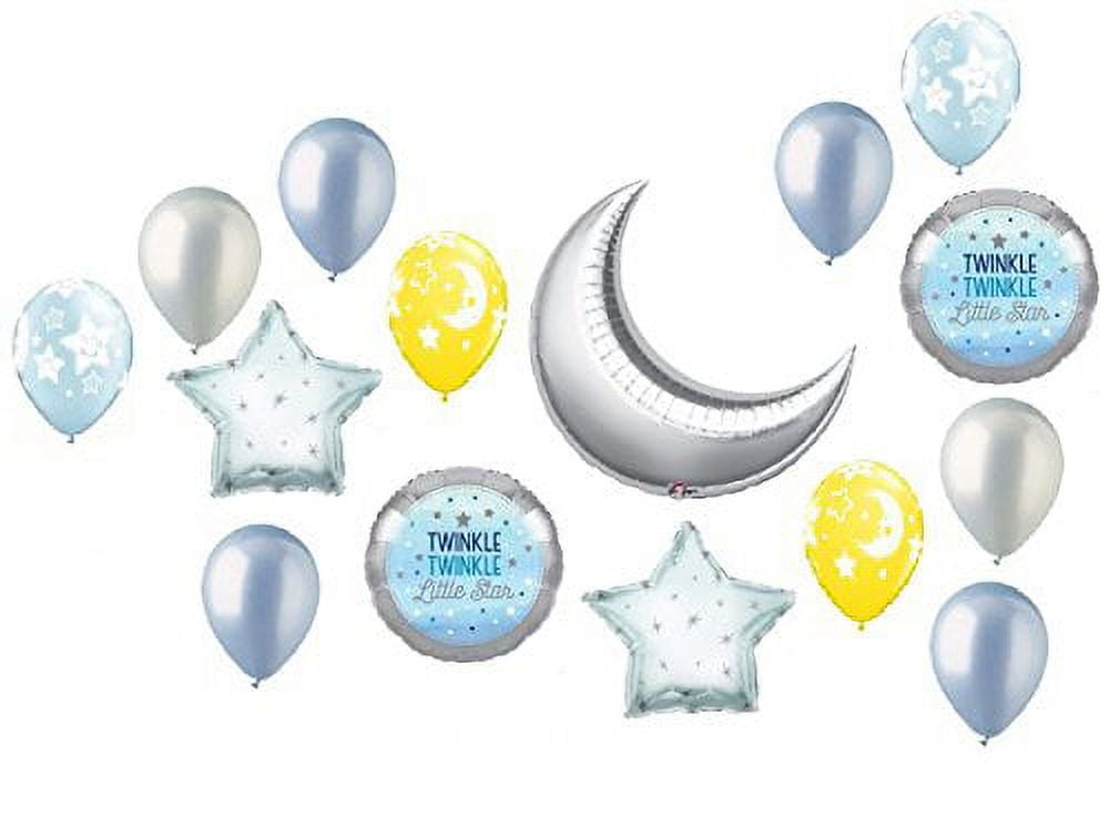 DALVAYDELIGHTS Twinkle Twinkle Little Star Crescent Moon Boy Baby Shower Balloon Bouquet Decorating Kit 15 Piece Mylar and Latex Balloons Set -Plus (1) 66' (66 Foot) Roll of Curling Balloon Ribbon