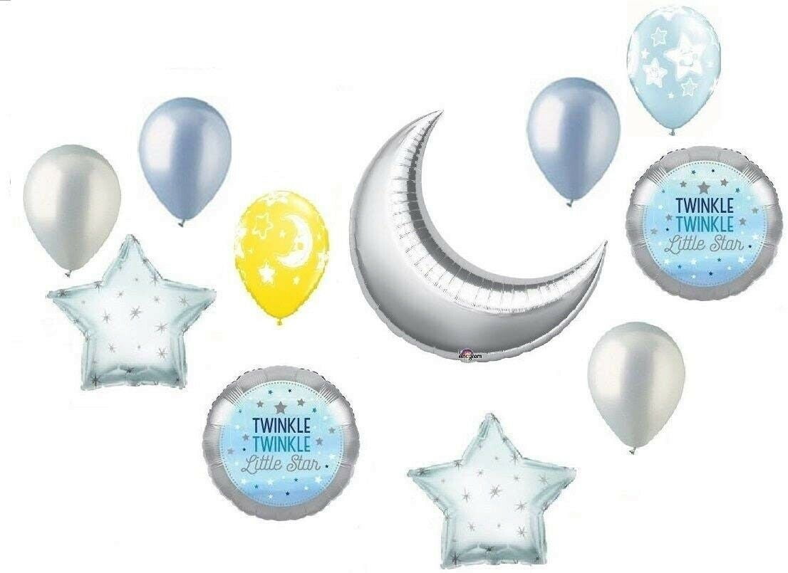 DALVAYDELIGHTS Twinkle Little Star Silver Moon Baby Boy Shower Party 11 Mylar & Latex Balloons