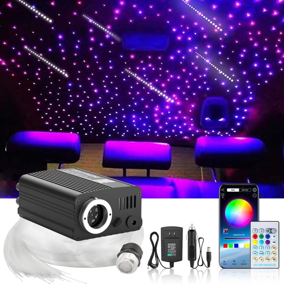 Twinkle & Meteor Starlight Headliner Kit for 0.03in x 9.8ft 750 Strands for Ambient Interior Decor 16W RGBW Fiber Optic Light Engine, 200 White Stars